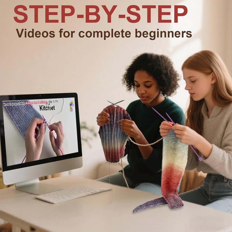 Kitcroet Knitting Kit for Beginners, Complete Beginner Knitting Kit Including Knitting Needles Set, Soft Gradiant Cake Yarn, Learn to Knit Scarf, Beanie, Mittens with Step by Step Video Tutorials - Image 2